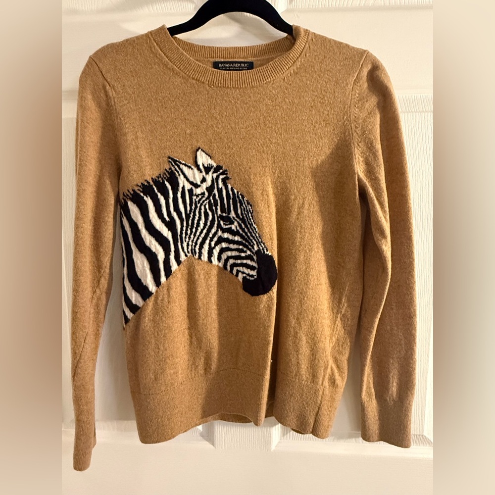 Banana Republic Italian Merino Wool Tan Sweater with Zebra Design